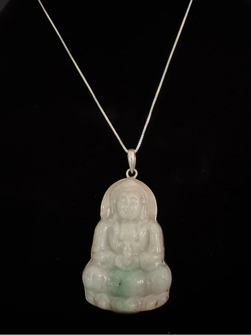 Genuine Jade Buddha Pendant Necklace - Green/White. Sterling silver‎ setting.
